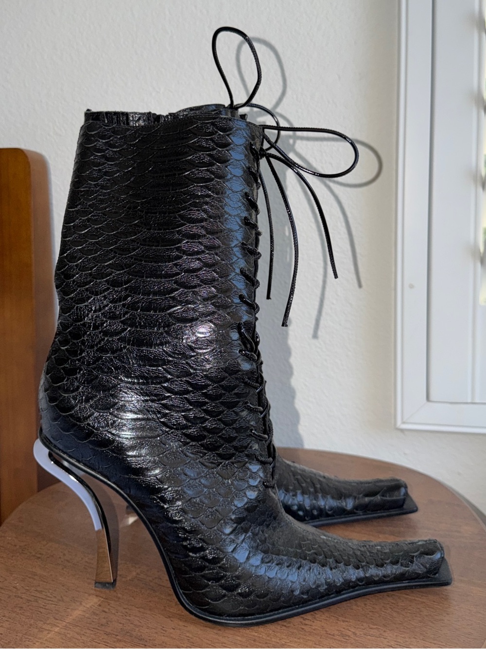 Jeffrey Campbell Black Lace-Up Snake-Embossed Pointed Ankle Boots